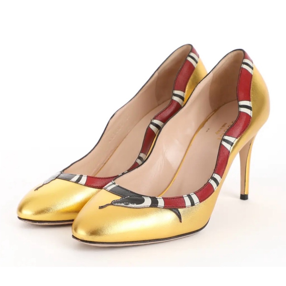 GUCCI Gold Leather High Heel Pump with contrast trim EUC , LUXURY SHOE DEAL!